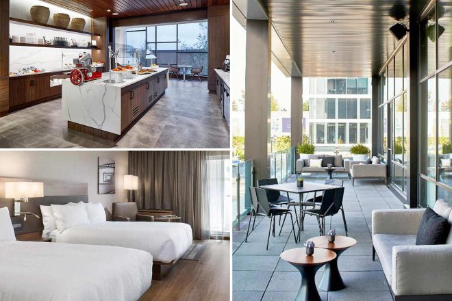 A collage of three hotel amenity photos to stay in Cleveland: an upscale breakfast bar with a variety of foods on display, a spacious bedroom with two beds and contemporary wall art, and an outdoor terrace lounge with comfortable seating and cityscape views.